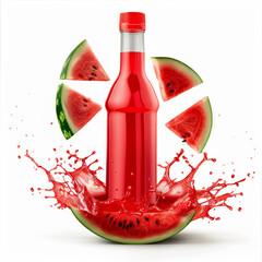 Canvas Print - Watermelon juice bottle placed with floating watermelon splash