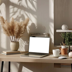 Mockup template for silver laptop on wooden table. Cozy workspace
