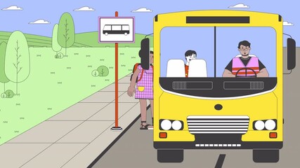 Poster - Diverse kids getting on school bus cartoon animation. Schoolbus schoolchildren. Bus stop school 4K video motion graphic. Elementary children 2D animated characters on rural roadside background
