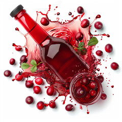 Canvas Print - Cranberry juice bottle placed with floating cranberry splash