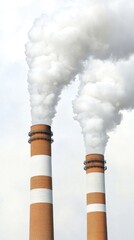 Two smokestacks release white smoke into a clear blue sky, illustrating industrial activity and environmental impact