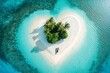 © Sergej Gerasimov - Romantic aerial view  couple on heart shaped motu beach surrounded by palm trees and azure ocean