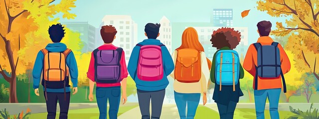 Five colorful cartoon students with backpacks strolling together on a vibrant university campus rear view of diverse young friends heading to class and enjoying the outdoors