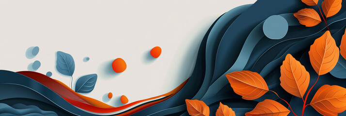 Wall Mural - Autumn modern trendy template. Orange, blue colors. Clear minimalistic design. Place for text graphics concept design. poster invitation flyer banner email header. Horizontal. Generative Ai content