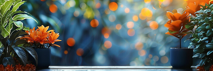 Wall Mural - Tropical modern trendy template. Orange, blue colors. Clear minimalistic design. Place for text graphics concept design. poster invitation flyer banner email header. Horizontal. Generative Ai content