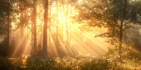 Poster - Fog in the forest with rays of light