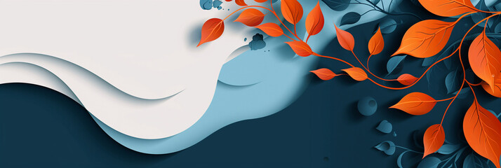 Wall Mural - Autumn modern trendy template. Orange, blue colors. Clear minimalistic design. Place for text graphics concept design. poster invitation flyer banner email header. Horizontal. Generative Ai content