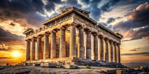 Parthenon's Shadow: Majestic architecture in muted tones, conveying the weight of history and the grandeur of ancient Greece.