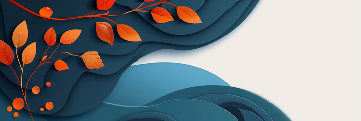 Wall Mural - Autumn modern trendy template. Orange, blue colors. Clear minimalistic design. Place for text graphics concept design. poster invitation flyer banner email header. Horizontal. Generative Ai content