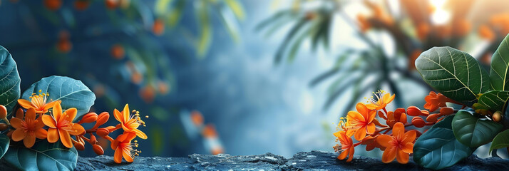 Wall Mural - Tropical modern trendy template. Orange, blue colors. Clear minimalistic design. Place for text graphics concept design. poster invitation flyer banner email header. Horizontal. Generative Ai content