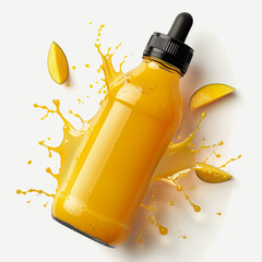 Canvas Print - Mango juice bottle placed with floating mango splash