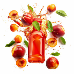 Poster - Nectarine juice bottle placed with floating nectarine splash