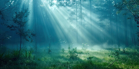 Poster - Fog in the forest with rays of light