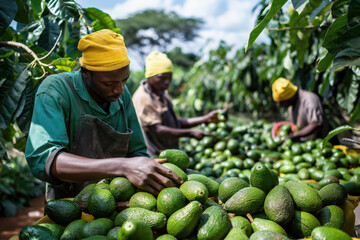 farmers carefully selecting and harvesting fresh, ripe avocados on a sunny day, working together in 