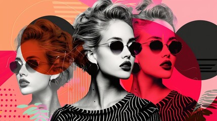 Wall Mural - Retro pop art inspired portrait of woman with sunglasses image. Bold geometric shapes and vivid colors photography scene wallpaper. Eighties fashion concept photorealistic picture