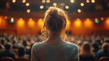 Wall Mural - Woman Speaker Delivering an Inspiring Speech on Stage with Dramatic Lighting