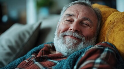 Wall Mural - Elderly Man in Plaid Shirt, Beard, Mustache with Santa Hat and Glasses Smiling on Couch