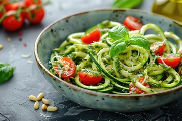 A vibrant bowl of zucchini noodles topped with cherry tomatoes, basil, and pesto.