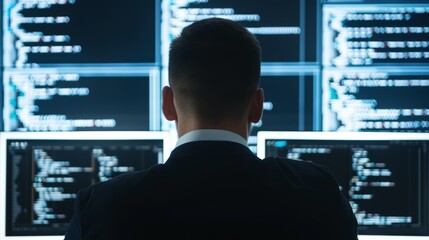 A focused individual in a suit analyzes complex data on multiple computer screens, showcasing a high-tech work environment.