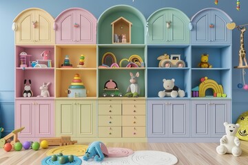 ittle children boys or girls bedroom furniture interior design with toys and colorful cabinets, empty blank wall banner with copy space, 