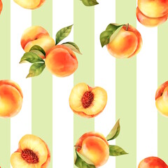 Wall Mural - Seamless peach pattern with tropic fruits, striped background.