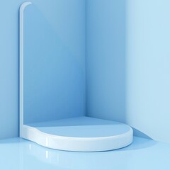 Soft blue podium in an empty room showcasing a cosmetic product, features acrylic and vinyl elements, complemented by clear plastic details, inviting and serene atmosphere.