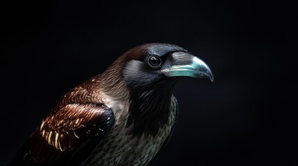 Close-up portrait of a bird with dark feathers and a turquoise beak against a black background.