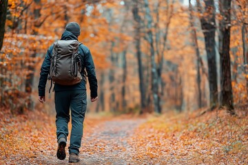 A hiker walks along a leaf-covered trail surrounded by orange trees in autumn, copy space for text, hiking trip, hiking sport