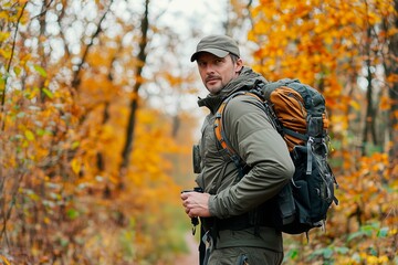 Hiker explores a colorful autumn forest trail with a large backpack, copy space for text, hiking trip, hiking sport