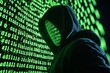 © grey - A hooded hacker in front of a dark computer screen, surrounded by glowing green code.
