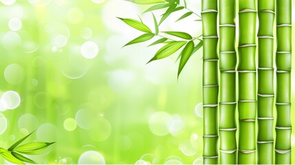 Wall Mural - Green Bamboo Stems with Leaves on a Sunny Background with Bokeh, Natural Background, Spa Concept.