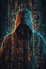 A hooded hacker with a stylized, glitchy effect, and a matrix of numbers cascading behind him