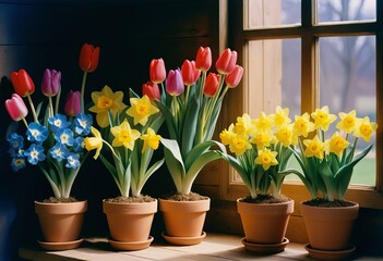 Poster - Spring flowers in pots on wooden background. Tulips, primulas, daffodils