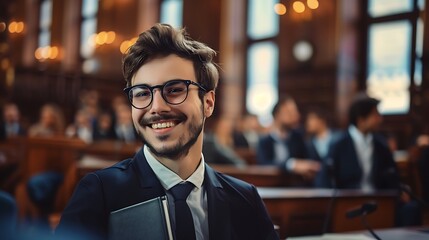 Wall Mural - A young lawyer with glasses, smiling while holding a briefcase in a courtroom.