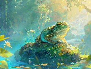 Canvas Print - A frog on a stone in a lake