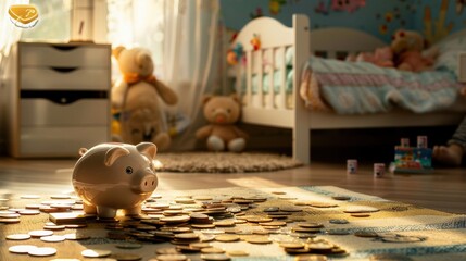 A piggy bank is full of coins on a rug in a bedroom