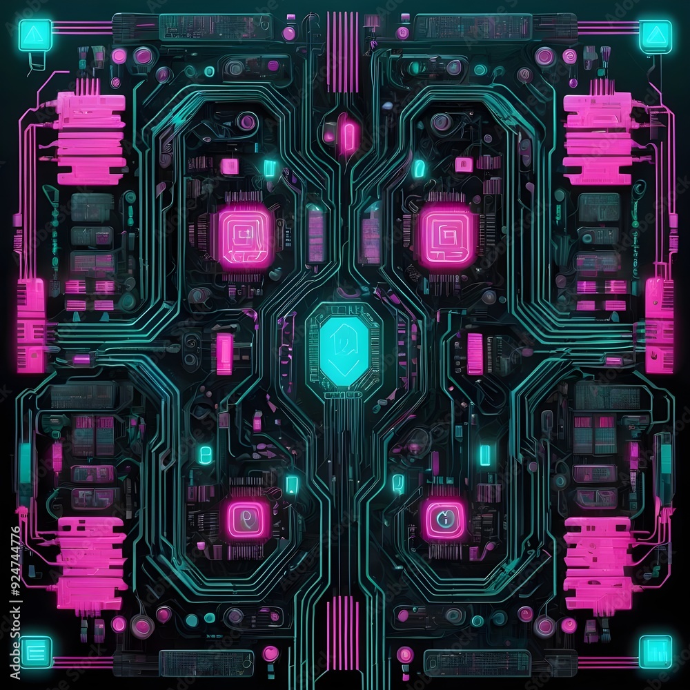 Cyberpunk Futuristic Circuit Board: Glowing Pink and Turquoise Tech ...