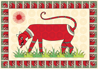 Sticker - Tiger's Prowl: A Dynamic Gond Artwork of a Majestic Tiger. Gond tiger painting, Indian folk art tiger, Tribal tiger artwork, Gond jungle art, Wildlife Gond painting.