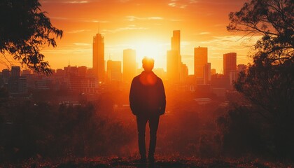 Wall Mural - Silhouette of Man Against City Skyline at Sunset