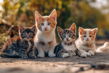 Wall Mural - Four kittens are sitting on the ground, with one of them wearing a collar. The kittens are all different colors, with one being orange and white, another being black and white