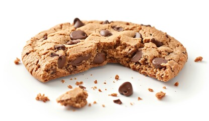 A sweet chocolate chip cookie snapped in two with crumbs on white surface