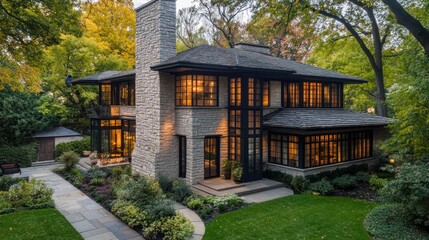 Poster - Modern stone house with large windows lit up at dusk.