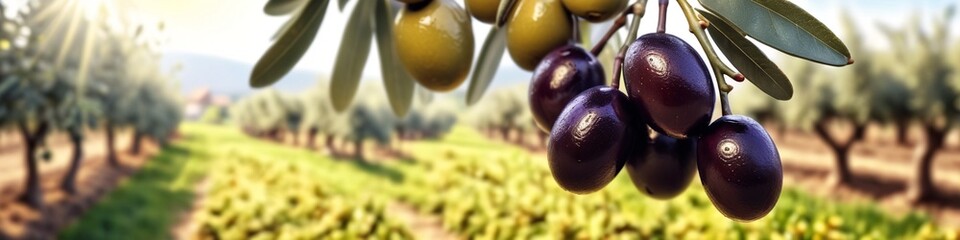 Olive trees growing in rows on a Greek Olive Far. Greek countryside scene. Many Olives on old trees. Traditional scene of Greece.