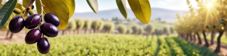 Olive trees growing in rows on a Greek Olive Far. Greek countryside scene. Many Olives on old trees. Traditional scene of Greece.