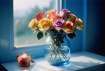 Poster - Colorful still life with roses in glass vase with bokeh background