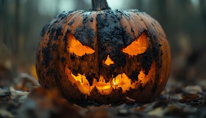 Jack o lantern pumpkin for Halloween celebration and festivities. Happy Halloween concept with a closeup of lit up jack o lantern pumpkin during the spooky month of October