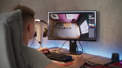Fototapete - Young 3D designer creates and develops stylish house interior using PC and professional 3D modeling software or design app. Caucasian teenager works remotely on freelance project on computer at home.