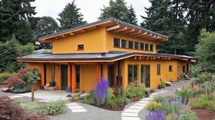 Poster - Modern yellow stucco home with large windows and a stone path leading through the lush garden.