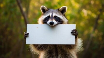 Portrait of a raccoon with blank banner. Copy-space.