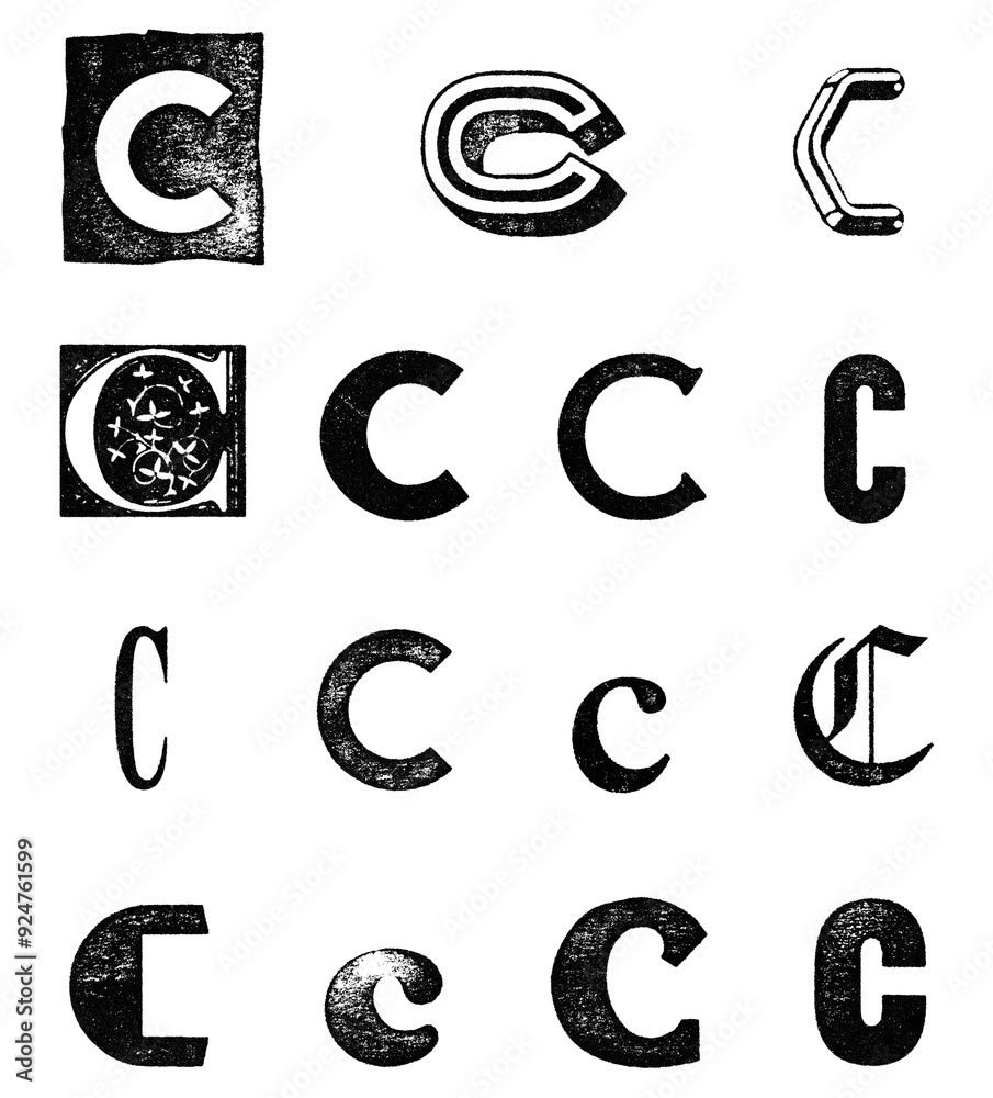 Letter C typography set of characters in various styles with distressed ...